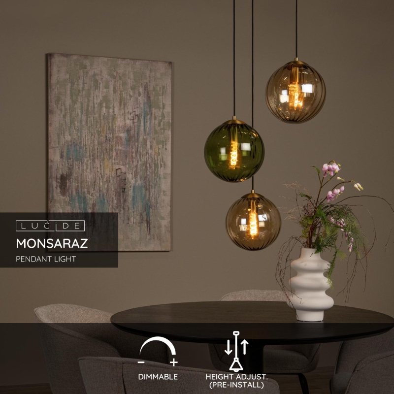 Lucide MONSARAZ - Závesné svietidlo - Ø 35 cm - 3xE27 - Zelené